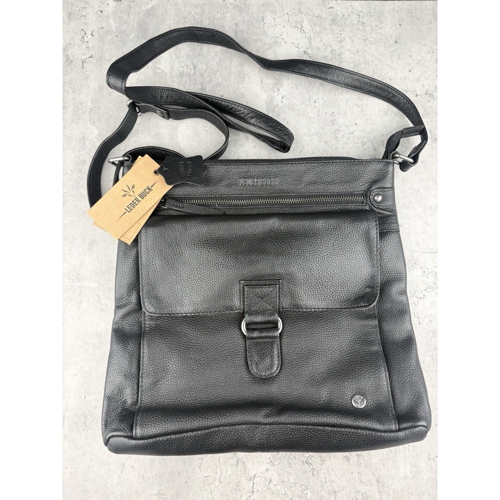 Leder Buck Black Genuine Leather Crossbody Messenger Bag Purse NWT